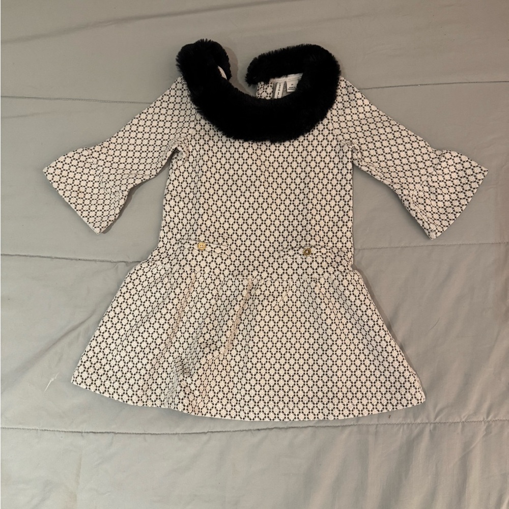 Janie and Jack Black and White Dress with Faux Fur Collar